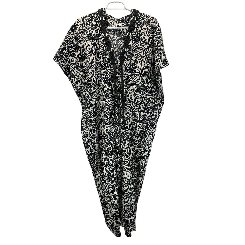 Zara Black White Floral Tunic Dress Kaftan Midi Tassels M Cottagecore Swim Cover